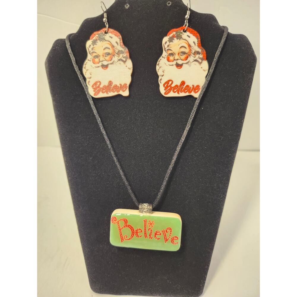 Christmas "Believe" Set Necklace Earrings Domino Pendant Santa Handmade Custom